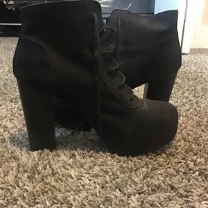 Black Lace Up High Heel Ankle Boots subtle snake skin print.